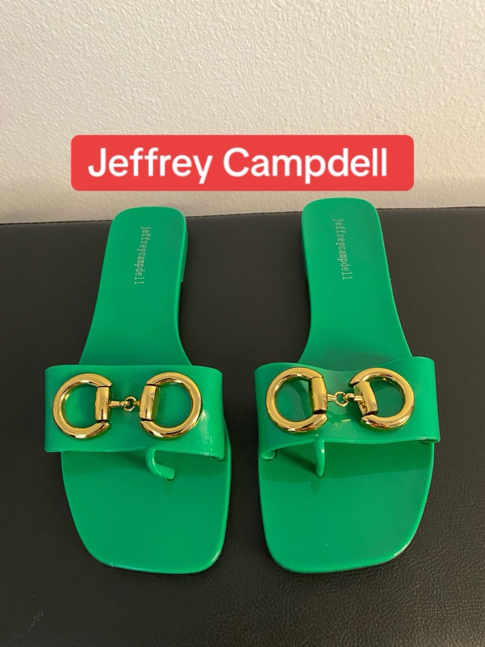 Green Slide Sandals with Gold Hardware by